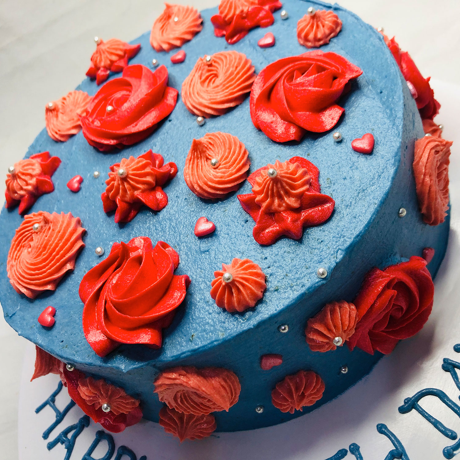 Blue Themed & Red Roses Birthday Cake gallery image