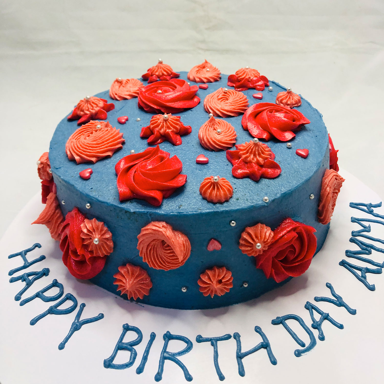 Blue Themed & Red Roses Birthday Cake gallery image