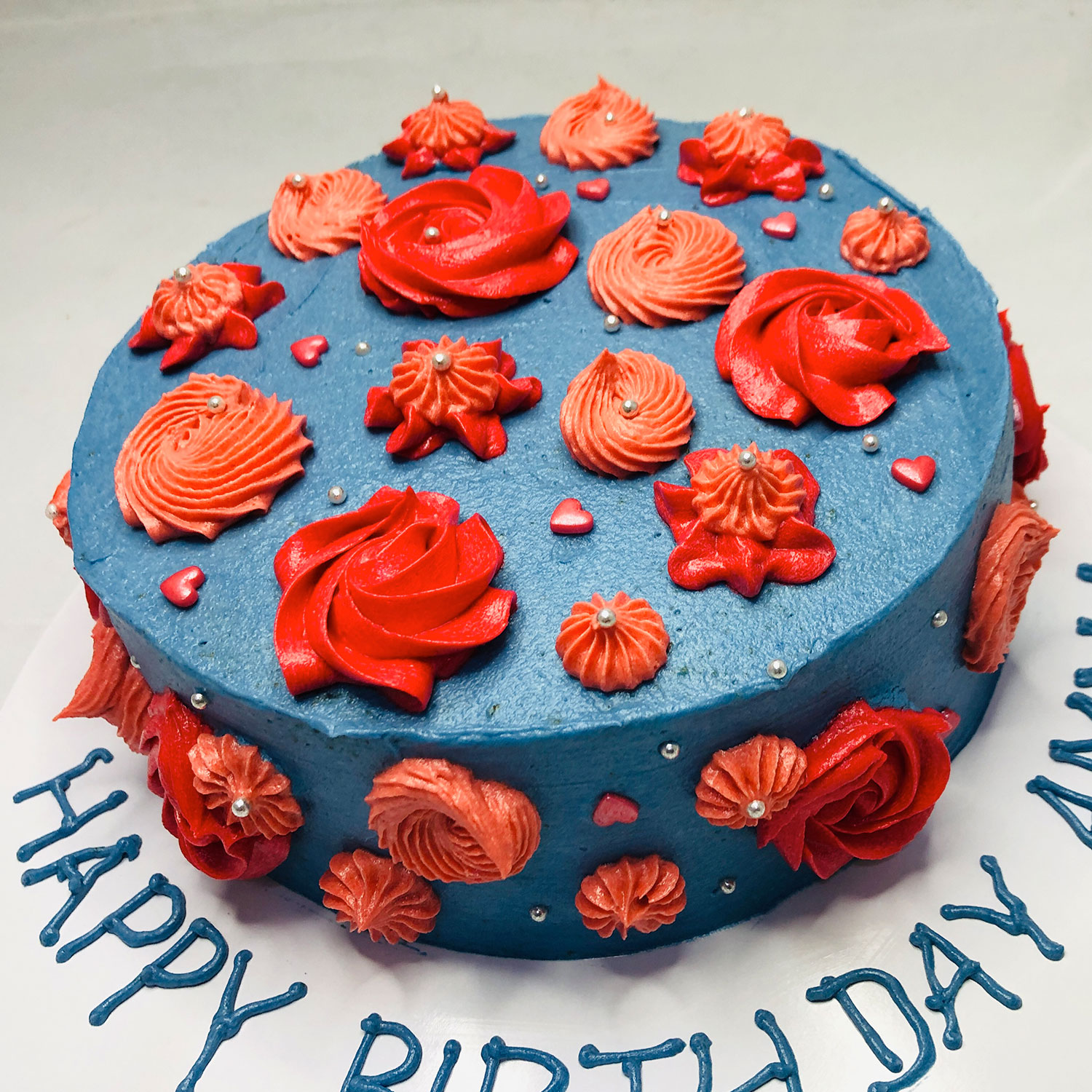 Blue Themed & Red Roses Birthday Cake gallery image
